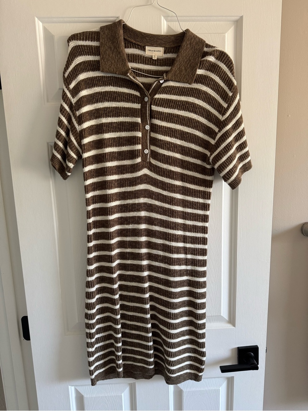 Thread & Supply Brown and White Striped Knit Polo Dress